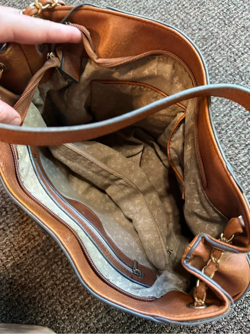 Leather Chain-Accent Shoulder Bag in Cognac